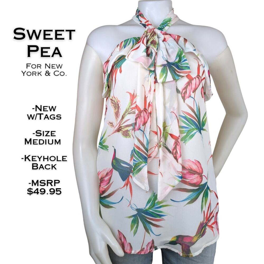 Sweet Pea New York & Co Halter Top Medium Pink Hummingbird Floral Tropical NEW